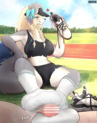 anthro asymmetrical_footwear barefoot blonde_hair blue_eyes blue_sky blush bodily_fluids bow_ribbon breasts canid canine canis claws clothing cloud dirty dirty_clothing dirty_socks duo feet female first_person_view foot_fetish foot_focus foot_play footjob footwear genitals grass hair heart_symbol hi_res human human_on_anthro human_pov interspecies male male/female mammal musk musky_feet nails pawpads paws penis plant plantigrade sex shoes sky smelly smelly_feet smelly_socks sock_fetish sockjob socks soles steamy_feet sweat sweaty_feet tail toes tongue two-footed_footjob white_clothing white_footwear white_socks wolf yimoon640