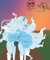 5:6 alolan_form alolan_ninetales animal_genitalia animal_vulva blep blue_body blue_fur blue_vulva canine_genitalia canine_vulva crane_(artist) dialogue english_text female female_feral feral fur generation_7_pokemon genitals hi_res human looking_at_viewer male mammal multi_tail nintendo offscreen_male pokemon pokemon_(species) quadruped raised_tail regional_form_(pokemon) solo sunset tail text tongue tongue_out vulva white_body white_fur