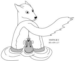 1985 ball_bite balls canid canine canis domestic_dog duo feral fur genitals looking_at_viewer low_res male male/male mammal monochrome mustelid otter partially_submerged rear_view simple_background size_difference standing toony urbanhermit wet white_background