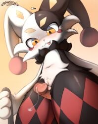 absurd_res anthro anthro_focus black_body black_fur black_nose blep blush blush_lines bodily_fluids cheek_tuft dripping duo dupin_(pal) erection facial_tuft female female_focus female_on_human from_behind_position fur genital_fluids genitals glans heart_symbol hi_res human human_on_anthro humanoid_genitalia humanoid_penis interspecies jester lagomorph leporid low-angle_view male male/female male_on_anthro mammal markings multicolored_body multicolored_fur navel neck_tuft nude nude_anthro nude_female offscreen_male pal_(species) palworld pawsolie penis pocketpair precum precum_drip pussyjob rabbit red_markings sex simple_background smile thigh_sex tongue tongue_out tuft vaginal_fluids vulva white_body white_fur yellow_eyes yellow_markings