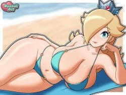 beach beach_background beach_towel belly belly_button bikini bikini_bottom bikini_top blonde_hair breasts breasts_bigger_than_head clavicle cleavage crown hair_over_one_eye hand_on_hip hips hips_wider_than_shoulders large_breasts laying_down laying_on_side looking_at_viewer mario_(series) navel nyazuliart princess_rosalina sideboob smile smiling_at_viewer thick_thighs thighs thighs_bigger_than_head tight_bikini tight_clothing underboob wide_hips
