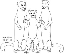 1996 animal_genitalia balls black_and_white dated escorting female feral fur genitals group low_res male mammal monochrome murid murine mustelid musteline rat rodent sheath simple_background sitting standing tail toony trio true_musteline urbanhermit weasel white_background