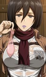 anime attack_on_titan cleavage condom lipstick mikasa_ackerman see-through_clothing shingeki_no_kyojin takapiko used_condom
