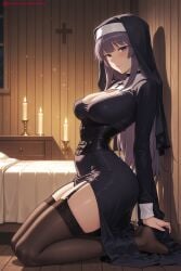 1girl ai_generated asama_miya bangs black_legwear blush breasts cleavage cross dress garter_straps habit hi_res high_quality high_resolution indoors kiraamane kneeling large_breasts long_hair long_sleeves looking_at_viewer nun patreon purple_eyes purple_hair seductive sexy skirt smile solo thighhighs thighs uncensored veil watermark