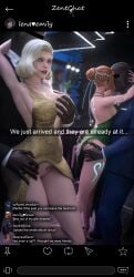 2boys 2girls angela_ziegler big_breasts blizzard_entertainment blonde_hair blue_eyes breast_grab club dark-skinned_male freja_(overwatch) grabbing_from_behind groping groping_breasts interracial kissing makeup mercy orange_hair overwatch qos qos_tattoo skimpy_clothes smile social_media standing text text_box tracer zentaeron