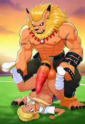 1boy 1boy1girl 1girl 1girl1boy ai_generated angol_mois balls ballsack blonde-haired_female blonde_hair blonde_hair_female blue_eyes breasts breasts_out buff buff_male censored censored_genitalia censored_penis censored_pussy clothed clothed_female clothed_female_nude_male clothing cloud clouds cloudy_sky cock cock_ring countsentrid digimon digimon_(species) ear_piercing ear_ring earring ears eyebrows eyelashes eyes feet field field_background fingers football_field grass grass_field hands hi_res huge_balls huge_cock interspecies jewelry keroro_gunsou leomon light-skinned_female light_body light_skin lines lines_drawn mane mane_hair markings medium_breasts mouth mouth_closed mouth_open nails net nipples nose orange_body orange_eyes orange_skin pants penis_juice pubes pubic_hair pussy pussy_lips red_eyes shirt shirt_down shoes short_hair skinny sky soccer_field soccer_net star sun sunlight sunny sunset teeth whiskers wristband yellow_eyes yellow_hair yellow_pubic_hair