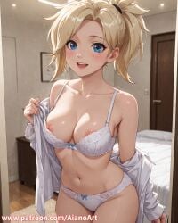 1girl ai_generated aianoart bed blonde_hair blue_eyes blush bow_panties bra breasts collarbone cowboy_shot indoors long_sleeves looking_at_viewer mercy mercy_(overwatch) navel nipples open_clothes open_mouth open_shirt overwatch overwatch_2 panties ponytail shirt smile solo underwear white_bra white_panties white_shirt