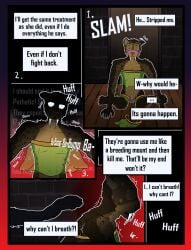 absurd_res all_fours anthro anxiety balls blush brown_body brown_fur claws clothed clothing comic dialogue dungeon embarrassed english_text familiar_nobody felid finger_claws fingerpads fingers fur genitals heart_beating hi_res hybrid_genitalia hybrid_penis inside kneeling male mammal markings onomatopoeia panic_attack panicking partially_clothed pawpads penis prehistoric_species rhan_(familiar_nobody) saber-toothed_tiger solo sound_effects spots spotted_body spotted_fur text text_box