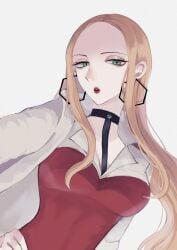 1girl big_breasts black_choker blonde_hair breasts business_suit choker coat commentary_request earrings game_freak green_eyes hexagon_earrings highres hoop_earrings jewelry long_hair medium_breasts nintendo oleana_(pokemon) olive_(pokemon) pokemon pokemon_ss pokemon_sword_and_shield pokemon_swsh red_lips red_shirt shirt solo suit upper_body white_coat