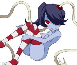 bare_shoulders blue_skin blush bokusuzu breasts checkered female hair_over_one_eye leviathan_(skullgirls) nipples red_eyes side_ponytail skullgirls squigly stitched_mouth striped striped_legwear zombie