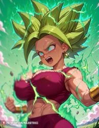 1girl abs ai_generated aqua_eyes aura breasts covered_nipples crop_top dragon_ball dragon_ball_super dragon_ball_z earrings green_eyes green_hair jewelry kefla large_breasts majorthicc midriff muscular muscular_female navel open_mouth pants potara_earrings sky solo spiked_hair super_saiyan sweat teeth torn_clothes