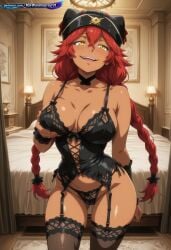 1girl absurd_resolution absurdres ai ai-created ai_art ai_generated anime_coloring anime_screenshot anime_style black_lingerie black_thighhighs blush bra breast_grab cat_ear_hat choker cleavage cowboy_shot dark_skin detailed_background dynamic_angle dynamic_pose exhibitionism exibitionism exited explicit fang garter_straps glossy glossy_body glossy_skin gorgeous hallway hentai hi_res high_contrast high_quality high_resolution in_heat indoors large_breasts lingerie long_hair looking_at_viewer lupusregina_beta nsfw overlord overlord_(maruyama) panties patreon perfect_anatomy pervert_female plump presenting rating_explicit red_hair sexy sexy_body sexy_female sexy_pose smile soft_shading solo source_anime teasing teasing_viewer thighhighs twin_braids voluptuous voluptuous_body voluptuous_female yellow_eyes