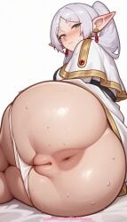 1girl 2026 ai_generated anus artist_name ass ass_focus blush butthole clitoral_hood ear_blush earrings elf exposed_anus exposed_pussy frieren frieren_beyond_journey's_end hi_res high_quality highres jewelry juicy_pussy long_hair looking_at_viewer lying on_side panties panty_pull patreon patreon_username pinkname pointy_ears pussy solo sousou_no_frieren sweat tight_anus tight_pussy uncensored underwear vagina watermark