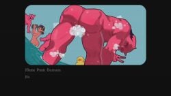 1girls 2boys bath big_breasts blowjob blush buttknight cum cum_in_mouth cum_inside cum_on_breasts cum_on_face demon demon_girl demon_horns dialogue fellatio female fmm game_cg hand_on_head handjob horns image oral red_body sound tagme tagme_(artist) text threesome video video_games