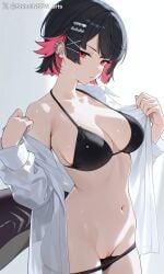 1girls ai ai_generated black_hair ellen_joe pussy red_eyes shineinsfw solo uncensored wet zenless_zone_zero