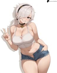 1girl 1girls ai_generated armpit_crease black_collar black_eyes black_hairband brawl_stars breasts cleavage cleavage_cutout colette_(brawl_stars) collarbone crop_top denim_shorts hair_over_one_eye hairband hand_in_pocket head_tilt heart_cutout hi_res high_quality high_resolution highres large_breasts legs_together light looking_at_viewer medium_hair midriff navel nose opal_nemy partially_unzipped patreon_logo patreon_url patreon_username plain_background ponytail self_upload shadow sharp_teeth shiny shiny_hair shiny_skin short_shorts shorts simple_background smile solo standing supercell teeth thick_thighs thighs v watermark white_background white_hair white_tank_top zipper