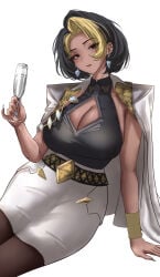 1girl absurdres activision big_breasts blizzard_entertainment breasts cleavage cleavage_cutout clothing_cutout coat coat_on_shoulders colored_bangs crystal_earrings cup dark-skinned_female dark_skin desi domina domina_(overwatch) earrings glass gold_bracer gold_trim highres holding holding_cup huge_breasts jewelry mazzi multicolored_hair overwatch pencil_skirt single_bracer skirt sleeveless solo tan thighs two-tone_hair vaira_singhania white_background white_skirt