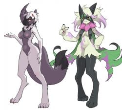 2026 absol anthro areola biped blush breast_curtains breasts claws countershade_torso countershading digital_drawing_(artwork) digital_media_(artwork) duo feet female female_anthro fingers front_view fur generation_3_pokemon generation_9_pokemon genitals hair hi_res horn medium_breasts meowscarada navel nintendo nipples nude nude_anthro nude_female pokemon pokemon_(species) pokemorph simple_background standing tail tenebscuro toes vulva