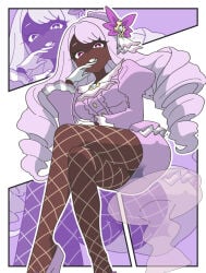 1girl ass ass_peek big_breasts breasts commentary_request crossed_legs dark-skinned_female dark_skin dress drill_hair fascinator fishnet_pantyhose fishnets frills game_freak gloves grin highres jacinthe_(pokemon) juliet_sleeves kanbei_(pixiv11037490) long_hair long_sleeves looking_at_viewer low_drills medium_breasts mega_stone nintendo pantyhose pokemon pokemon_legends:_z-a pokemon_legends_z-a puffy_long_sleeves puffy_sleeves purple_dress purple_eyes purple_hair smile solo teeth very_dark_skin white_gloves zoom_layer