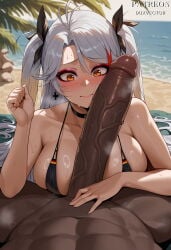 1boy 1girl abs ai_generated antenna_hair areola_slip artist_name azur_lane bangs bare_shoulders beach bikini black_bikini black_choker black_ribbon black_swimsuit blurry_background blush breast_press breasts choker closed_mouth clothing collarbone cross cross_earrings dark-skinned_male dark_penis dark_skin day duxvector earrings erection female flag_print german_flag german_flag_bikini grey_hair hair_ornament hair_ribbon hetero huge_penis interracial iron_cross jewelry large_breasts large_penis long_hair looking_at_penis looking_at_viewer looking_down lying makeup male multicolored_hair muscular_male nude ocean official_alternate_costume orange_eyes outdoors paizuri penis penis_awe penis_on_face pov_crotch prinz_eugen_(azur_lane) prinz_eugen_(unfading_smile)_(azur_lane) red_hair ribbon sand shiny_skin sideboob smile solo_focus streaked_hair sweat swimsuit two_side_up veins veiny_penis very_dark_skin very_long_hair water wet white_hair