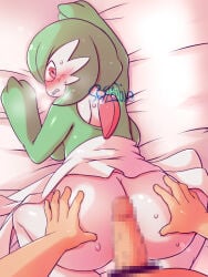 3:4 anus bed big_breasts blush blush_lines breasts censored chest_spike clenched_teeth duo female first_person_view furniture gardevoir generation_3_pokemon genitals green_body green_hair hair hand_on_butt human humanoid imminent_sex looking_back lying male male/female mammal mosaic_censorship nintendo on_bed on_front penis pm9charie pokemon pokemon_(species) pokemon_focus red_eyes spikes spikes_(anatomy) tan_body tan_skin teeth thick_thighs vulva white_body wide_hips