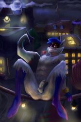 2:3 abs absurd_res anthro anus balls barely_visible_anus being_watched blue_clothing blue_gloves blue_handwear boots clothed clothing erection flashbulbmemory flower flower_in_mouth footwear genitals glans gloves handwear hat headgear headwear hi_res looking_at_another male mammal markings mask moon mostly_nude mostly_nude_male murid murine night nipples one_eye_closed outside paris partially_clothed penis plant presenting procyonid public raccoon rat ring_(marking) ringed_tail rodent rose_(flower) rose_in_mouth shoes sly_cooper sly_cooper_(series) smile smiling_at_viewer smirk smirking_at_viewer solo sony_corporation sony_interactive_entertainment striped_markings striped_tail stripes sucker_punch_productions suggestive suggestive_pose tail tail_markings