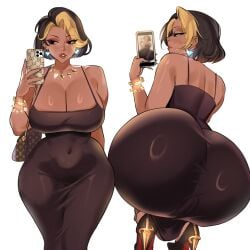 1girl absurdres activision adramallih ass bag big_breasts black_hair blizzard_entertainment blonde_hair bracelet breasts cellphone cleavage commentary covered_navel curvy dark-skinned_female dark_skin desi domina domina_(overwatch) dress earrings english_commentary from_behind high_heels highres holding holding_phone huge_ass huge_breasts jewelry multicolored_hair multiple_views overwatch phone ring_light_reflection short_hair shoulder_bag simple_background squatting two-tone_hair vaira_singhania white_background wide_hips