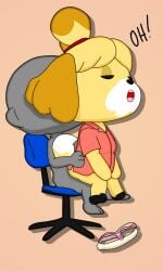 animal_crossing anthro bottomless bottomwear bottomwear_down canid canine canis chair clothed clothing domestic_dog duo eyes_closed faceless_character faceless_male female footwear furniture genitals grabbing_from_behind grabbing_hips hi_res isabelle_(animal_crossing) looking_pleasured male male/female mammal moan nintendo office_chair on_chair onomatopoeia open_mouth panties penis rob-posa shadow shirt shirt_only shoes simple_background sitting sitting_on_another sitting_on_chair sitting_on_penis skirt_down sound_effects text topwear topwear_only underwear villager_(animal_crossing) wet wet_clothing wet_underwear