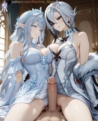 ai_generated arlecchino_(genshin_impact) balls big_breasts breast_to_breast columbina_(genshin_impact) genshin_impact pussy riding_penis sex tsaritsa_(genshin_impact)