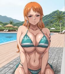 1girls ai_generated big_breasts bikini brown_eyes curvy curvy_body curvy_female curvy_figure earrings huge_breasts island large_breasts light-skinned_female light_skin long_hair looking_at_viewer mature_female nami_(one_piece) one_piece orange_hair pool seductive seductive_look seductive_smile shiny shiny_skin sitting solo solo_female tattoo tattooed_arm