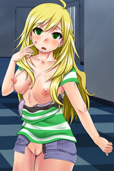 1girls blonde_hair breasts breasts_out denim_skirt erect_nipples eyes green green_eyes green_shirt hair highres hoshii hypno_m@ster hypnosis idolmaster jean_skirt labia miki mind_control no_panties open_clothes open_mouth pussy shirt short shorts striped tu-1 uncensored wardrobe_malfunction