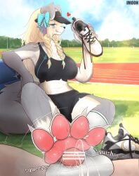 anthro asymmetrical_footwear barefoot blonde_hair blue_eyes blue_sky blush bodily_fluids bow_ribbon breasts canid canine canis claws clothing cloud cum cum_on_clothing cum_on_feet cum_on_footwear cum_on_socks dirty dirty_clothing dirty_socks duo feet female first_person_view foot_fetish foot_focus foot_play footjob footwear genital_fluids genitals grass hair heart_symbol hi_res human human_on_anthro human_pov interspecies male male/female mammal musk musky_feet nails pawpads paws penis plant plantigrade sex shoes sky smelly smelly_feet smelly_socks sock_fetish sockjob socks socks_removed soles steamy_feet sweat sweaty_feet tail toes tongue two-footed_footjob white_clothing white_footwear white_socks wolf yimoon640