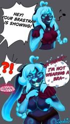 4k 9:16 absurd_res anthro areola artist_name big_breasts bioluminescence black_bottomwear black_clothing black_shorts blue_areola blue_hair blue_nipples blush bottomwear bra_strap bra_strap_showing_(meme) bracelet breast_grab breasts buckteeth clothed clothing colored comic dialogue digital_drawing_(artwork) digital_media_(artwork) domestic_rabbit english_description english_text exposed_breasts fangs female fingers floppy_ears fur glowing glowing_nipples hair hand_on_breast heart_eyes heart_pupils heart_reaction heart_symbol hi_res jewelry lagomorph leporid long_hair looking_at_viewer lop_ears lop_rabbit lumine lunalai lunalaimoonglow mammal meme mythological_creature mythology neck_tuft necklace nipples open_mouth oryctolagus purple_body purple_eyes purple_fur rabbit red_clothing red_hair_accessory red_hair_tie red_hairband red_shirt red_topwear scut_tail shaded shirt short_tail shorts shortstack shortstack_female signature simple_background smile solo solo_focus solo_in_panel speech_bubble swirl_pattern swirls tail teeth teeth_showing text tongue topwear tuft vtuber white_hair