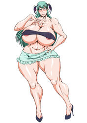 1girls areola_slip bare_shoulders batwings big_breasts blush busty capcom cleavage clothing collar curvy darkstalkers female female_only front_view gigantic_breasts green_hair green_skirt head_wings high_heels hourglass_figure huge_breasts humanoid long_hair looking_at_viewer mini_skirt morrigan_aensland pose posing purple_eyes shiny shiny_skin skirt solo succubus underboob video_game video_games voluptuous wide_hips wings zensyuui