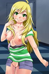 1girls blonde_hair denim_skirt eyes green green_eyes hair highres hoshii hypno_m@ster hypnosis idolmaster jean_skirt miki mind_control pussy pussy_juice ripped_skirt shirt short shorts striped tu-1 wet_pussy