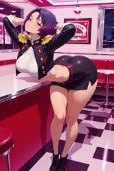 1girl ai_generated ass blush breasts checkered checkered_floor hi_res high_quality high_resolution jacket kiraamane large_breasts looking_at_viewer mato_seihei_no_slave miniskirt patreon pencil_skirt purple_hair red_eyes seductive sexy short_hair skirt smile solo uncensored watermark yakumo_ezo