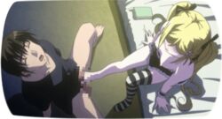 1boy 1girls animated bed blonde_hair breasts censored feet female footjob hair_ribbon hairclip happoubi_jin human kanojo_x_kanojo_x_kanojo male medium_breasts orifushi_mafuyu penis ribbon stitched straight striped striped_legwear striped_thighhighs tied_hair twintails