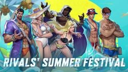 2girls beach big_ass big_breasts bikini blonde_hair bulge cloak_and_dagger dagger_(marvel) dagger_(marvel_rivals) emma_frost emma_frost_(marvel_rivals) female female_focus marvel marvel_rivals summer thick_thighs