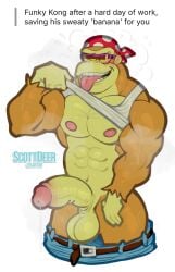 abs anthro ape balls biceps big_penis bodily_fluids bottomwear bottomwear_down clothed clothing clothing_lift cum donkey_kong_(series) english_description english_text eyewear funky_kong genital_fluids genitals glasses gorilla haplorhine hi_res male mammal muscular muscular_male nintendo nipples pants pants_down partially_clothed pecs penis primate scottdeer shirt shirt_lift simple_background solo standing steam sweat text tongue tongue_out topwear trapezius wearing_glasses white_background