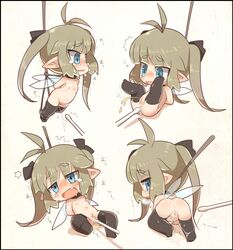 anus blue_eyes blush bondage cotton_swab crab_man fairy flat_chest minigirl peeing pointy_ears pussy q-tip thighhighs