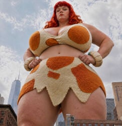 ai_generated blue_eyes chatgpt city dc doris_zeul giantess giganta hands_on_hips leopard_print light-skinned_female photorealism red_hair