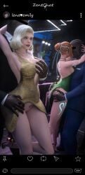 2boys 2girls angela_ziegler big_breasts blizzard_entertainment blonde_hair blue_eyes breast_grab club dark-skinned_male freja_(overwatch) grabbing_from_behind groping groping_breasts interracial kissing makeup mercy orange_hair overwatch qos qos_tattoo skimpy_clothes smile social_media standing tracer zentaeron