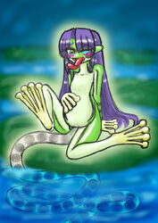 anthro artist_request blue_hair blush egg egg_laying female frog frog_egg frog_girl long_hair long_tongue monster_girl pointy_ears pregnant solo tentacle tongue yellow_eyes