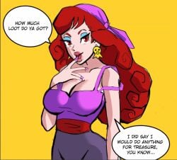 1girl bandana blue_eyeshadow breasts captain_syrup cleavage curly_hair earrings english_text eyeshadow finger_to_mouth hand_up heart jewelry large_breasts lipstick long_hair looking_at_viewer makeup nail_polish nintendo open_mouth pink_nails purple_bandana purple_nails red_eyes red_hair red_lips simple_background smile solo speech_bubble wario_(series) wario_land wario_land:_shake_it! yellow_background