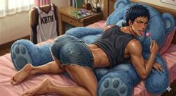aomine_daiki arching_back bending_over blue_eyes blue_hair daiki_aomine dark-skinned_male drooling feet femboy kneeling_on_bed kuroko's_basketball kuroko_no_basuke licking_lollipop long_nails on_back pink_lollipop saliva_drip sassy short_hair short_shorts solo_male suggestive suggestive_pose teddy_bear
