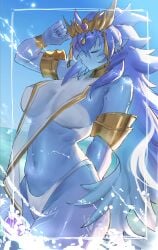 1girl beach blue_hair blue_skin body_markings circlet closed_eyes dominus_impulse duel_monster earrings elf_ears gold_(metal) gold_jewelry jewelry large_breasts long_hair passionpit777 rectangle sunlight thin_clothing water wraps yu-gi-oh!