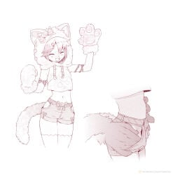 4_fingers 5_fingers accessory anthro arm_accessory armwear blush blush_lines bottomwear bow_ribbon clothed clothed_anthro clothed_male clothing crop_top cropped_hoodie disembodied_hand domestic_cat duo eyes_closed felid feline felis femboy fingers fist fluffy fluffy_tail fur genitals hair hair_accessory hairpin hand_in_pocket hand_in_shorts hand_on_belly hand_on_hip happy hi_res hoodie hotpants male male/male mammal midriff monochrome navel open_mouth open_smile patreon patreon_logo pawpads paws penis pockets powfooo raised_arm shirt short shorts simple_background smile standing tail text topwear url white_background