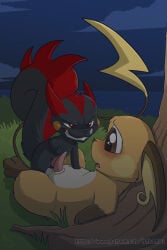 2018 2:3 against_natural_surface against_surface against_tree animal_genitalia animal_penis anthro balls big_tail biped black_markings black_nose bodily_fluids countershade_fur countershading dominant dominant_male dripping duo ears_down erection eye_contact frottage fuf fur generation_1_pokemon generation_4_pokemon genital_fluids genitals gloves_(marking) grass grin head_markings hi_res larger_male larger_sub leg_markings looking_at_another looking_at_partner male male/male markings night nintendo nude outside pachirisu penile penis penises_touching pivoted_ears plant pokemon pokemon_(species) precum precum_drip questionable_consent raichu red_markings rosy_cheeks sex sitting sitting_on_ground size_difference smaller_male smile socks_(marking) spiked_tail spikes spikes_(anatomy) submissive submissive_male tail tail_markings tree white_body white_countershading white_fur yellow_body yellow_fur