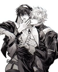 2boys alternate_costume blue_eyes blush cross_necklace crossdressing fangs finger_in_another's_mouth garter_belt garter_straps gay gintama gintoki_sakata habit hijikata_toshiro male male_nun male_only masculine_crossdresser monochrome nipple_piercing nipples nun nun's_habit nun_outfit pelvic_curtain priest red_eyes side-tie_panties smile spot_color sweat thick_thighs thighhighs wide_hips yaoi za_za_mi