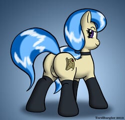 ass blue_hair clothing collar cutie_mark female flank hair map my_little_pony original_character purple_eyes pussy smooth_skin socks solo stockings tan_fur terdburgler